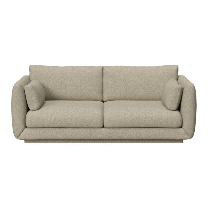 Beige upholstered sofa with a smooth, textured fabric and minimalist design, featuring large, supportive cushions.