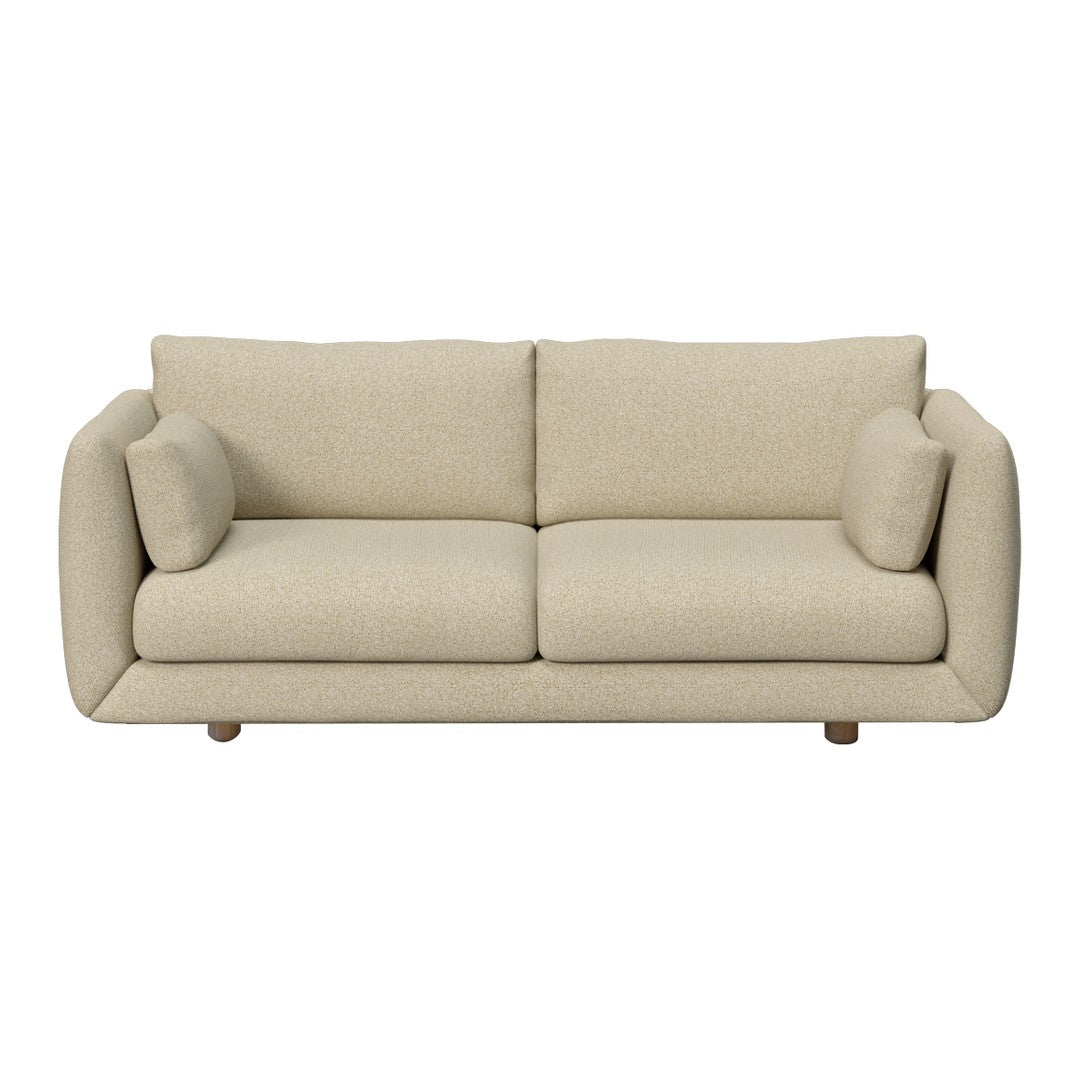 Beige fabric sofa with a smooth texture, featuring simple lines and rounded arms for a modern look.