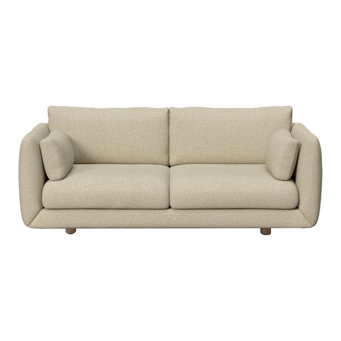 Beige fabric sofa with a smooth texture, featuring simple lines and rounded arms for a modern look.