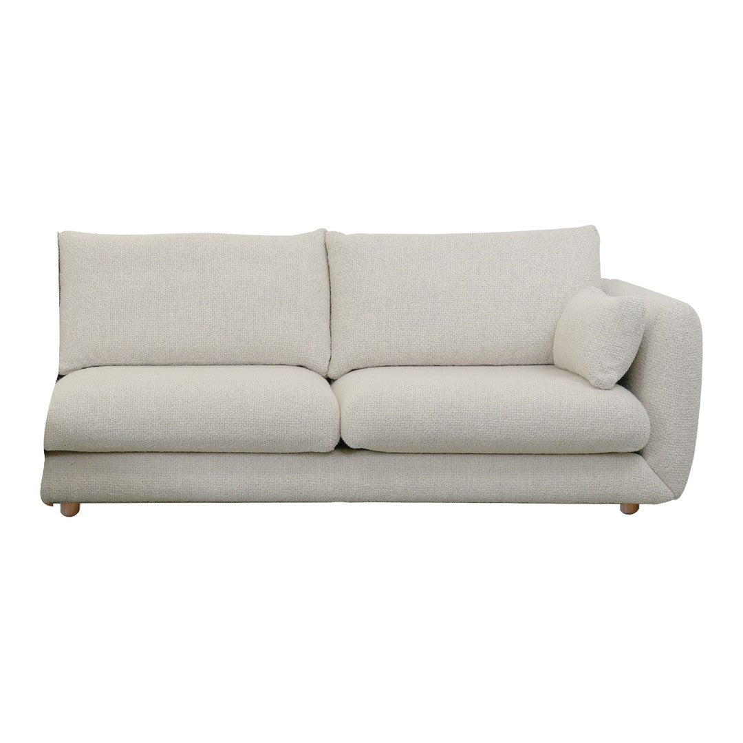 Light beige, textured upholstery sofa with a curved arm and plush cushions, perfect for modern interiors.