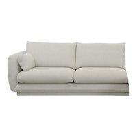 Light beige sofa with soft, textured fabric and a minimalist design, featuring plush cushions and clean lines.