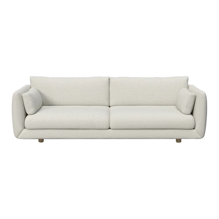 Stylish cream sofa with smooth upholstery and simple, modern design, featuring two soft matching cushions.