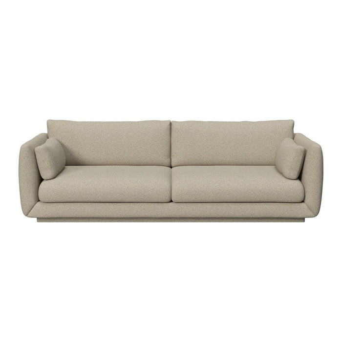 Beige sofa with a smooth, textured fabric and minimalist design, featuring no patterns for a sleek look.