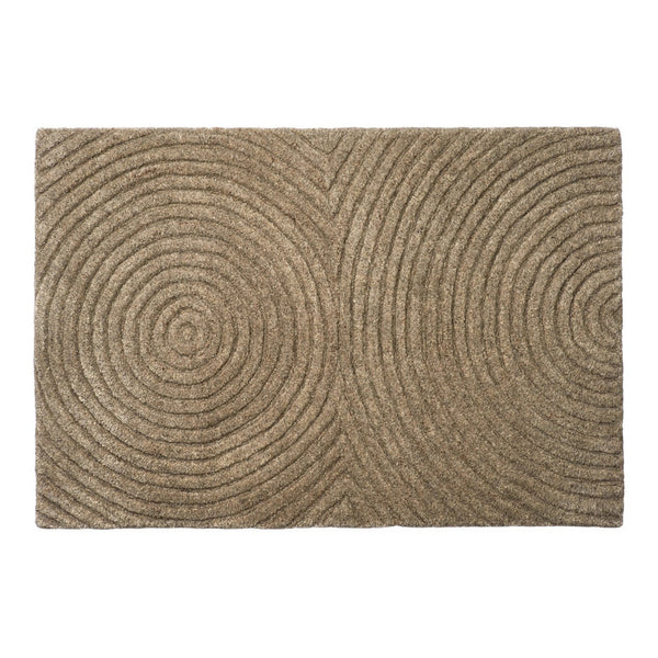 Beige area rug featuring textured swirling circular patterns. Perfect for adding warmth and style to any space.