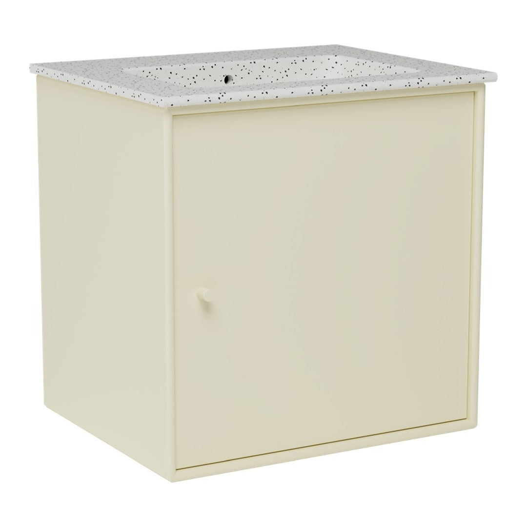 Cream-colored cabinet with a speckled gray top and a smooth, matte finish. Perfect for any modern decor.