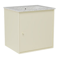 Cream-colored cabinet with a speckled gray top and a smooth, matte finish. Perfect for any modern decor.