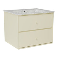 Light cream cabinet with a speckled white countertop and smooth surface, featuring two spacious drawers.