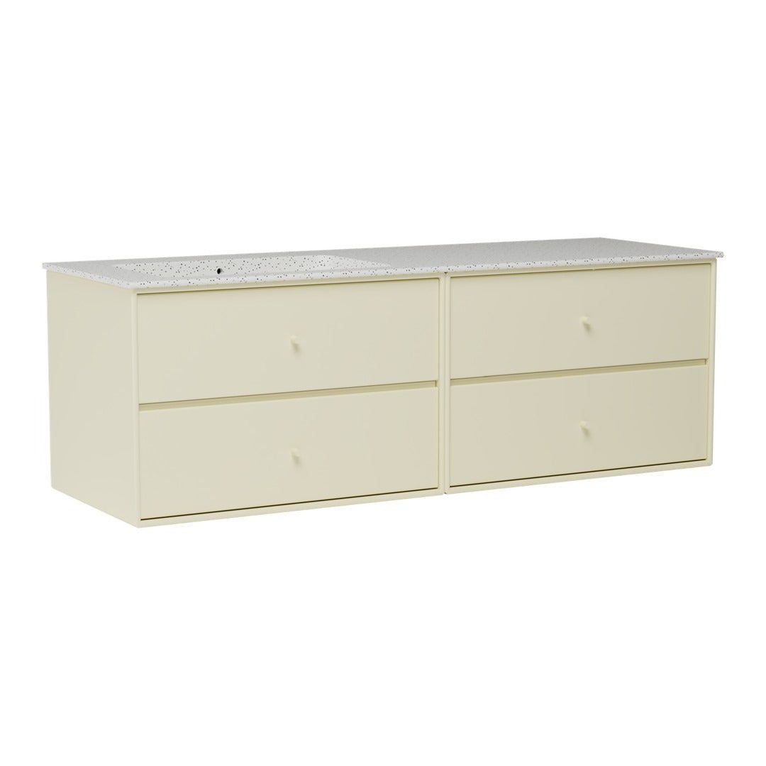 Light cream storage cabinet with smooth surface and four drawers, featuring a minimalist design and neutral tones.
