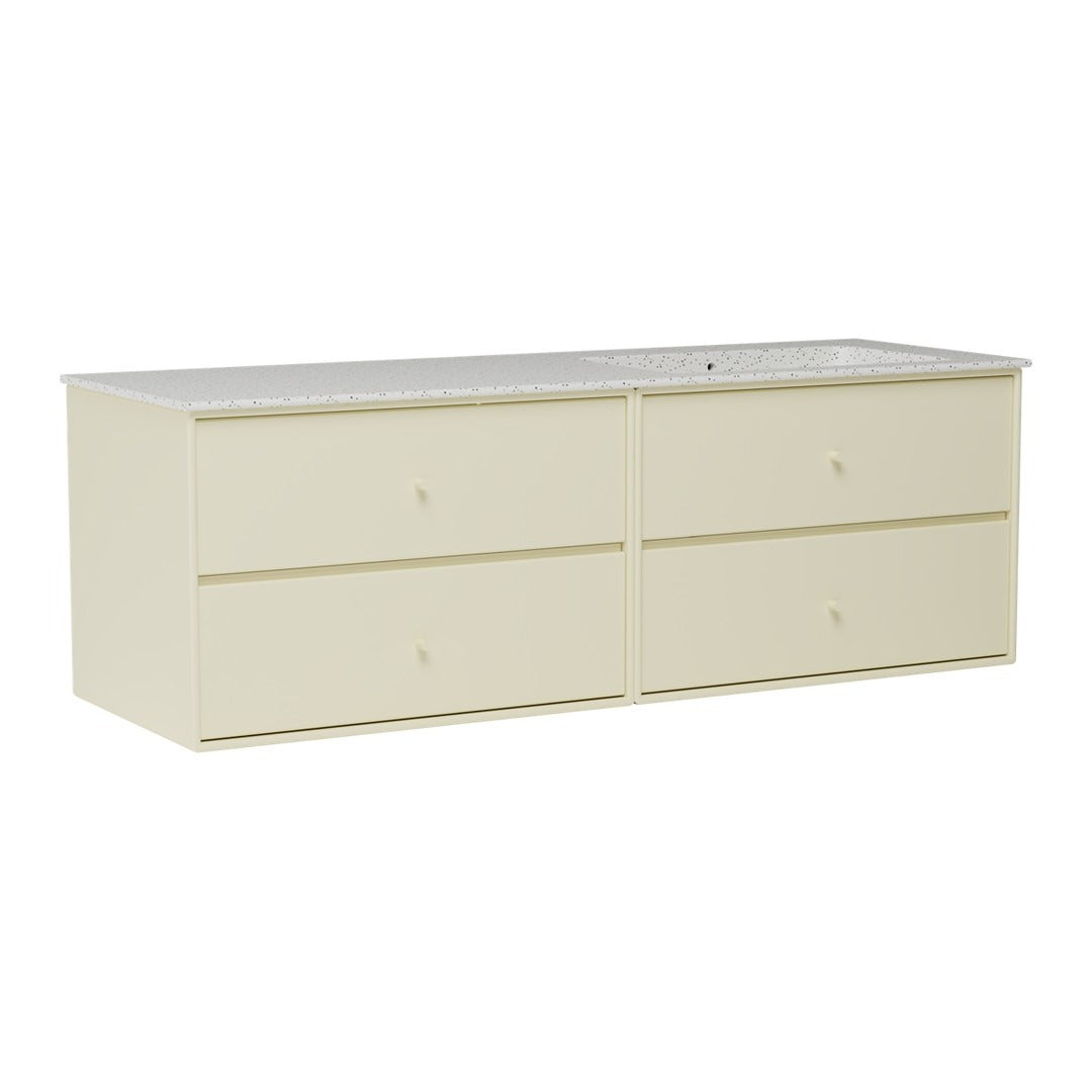 Cream-colored dresser with a smooth white top and four simple drawer fronts, featuring round knobs.
