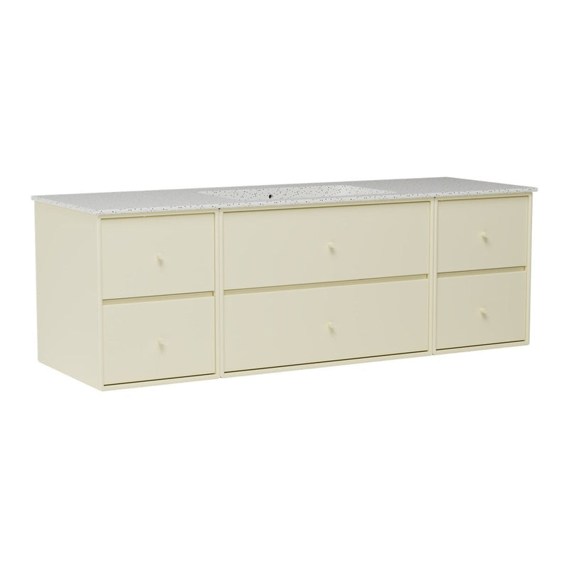 Cream-colored storage cabinet with six smooth, straight drawers and a light grey countertop. Perfect for minimalist decor.