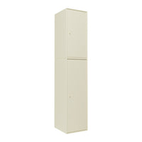 Tall, sleek storage cabinet in a soft cream color with a smooth, matte finish. Ideal for modern spaces.