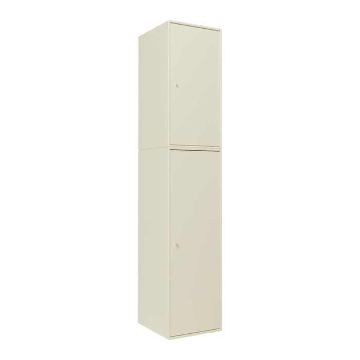 Tall, sleek storage cabinet in a soft cream color with a smooth, matte finish. Ideal for modern spaces.