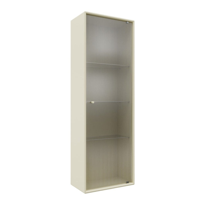 Tall, cream-colored display cabinet with sleek glass shelves and a minimalist design. Perfect for modern decor.