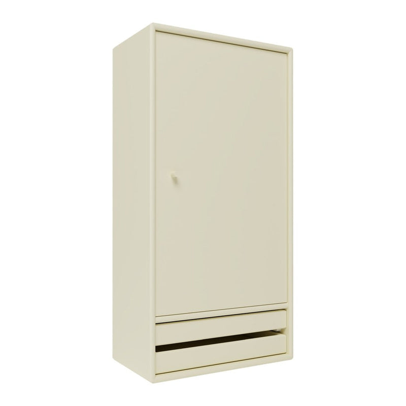 Cream-colored wardrobe with a smooth finish and a minimalist design, featuring one door and a bottom drawer.