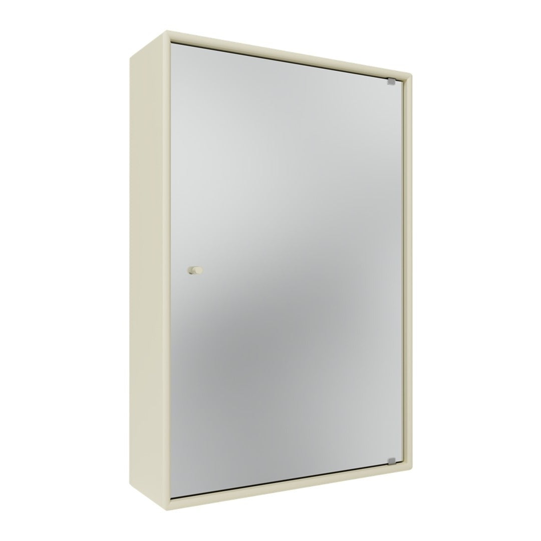 Cream-colored cabinet with a sleek, mirrored front and minimalist design. Perfect for modern decor.