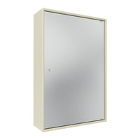Cream-colored cabinet with a sleek, mirrored front and minimalist design. Perfect for modern decor.