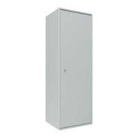 Gray metal storage cabinet with a sleek, minimalist design and smooth surface. Perfect for modern spaces.