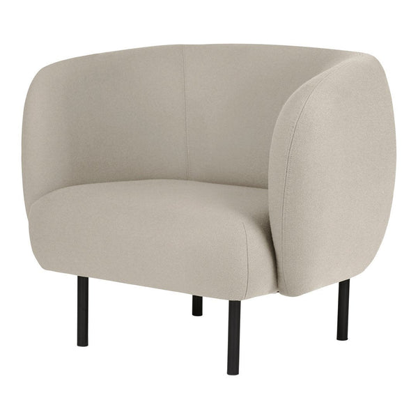 Light beige upholstered armchair with smooth, rounded edges and black metal legs. Ideal for modern interiors.