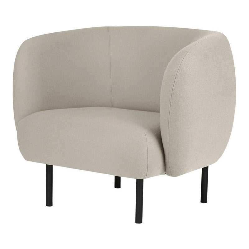 Light beige upholstered armchair with smooth, rounded edges and black metal legs. Ideal for modern interiors.