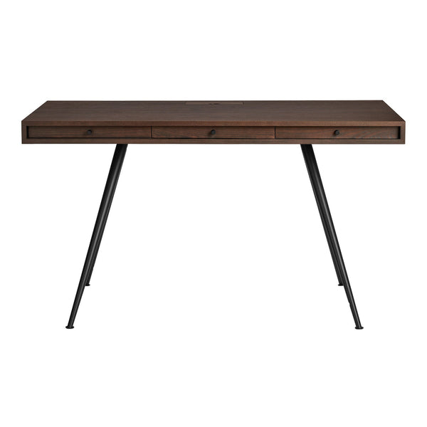 "Dark wood desk with a rich brown finish and sleek black metal legs, featuring a minimalist design."