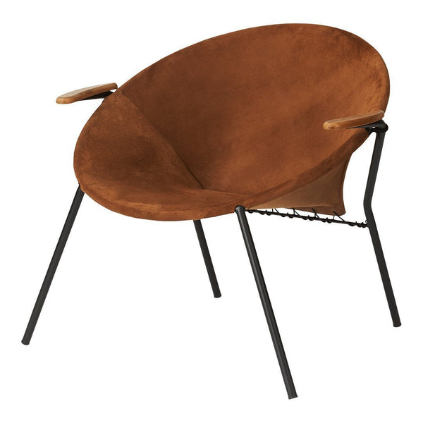 Brown suede chair with a smooth finish and sleek black metal legs, featuring wooden armrests for added elegance.