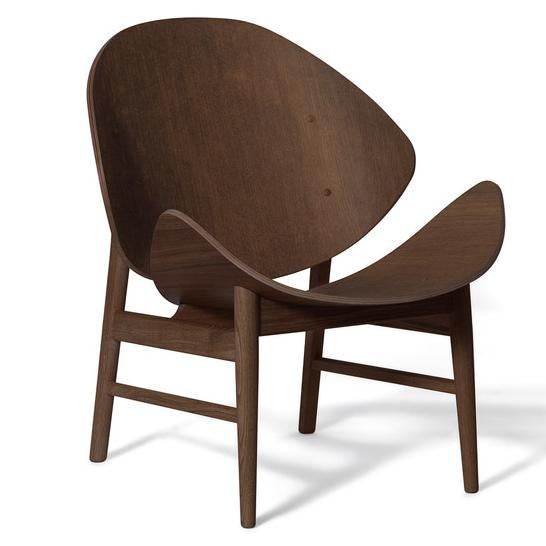 Mid-century modern chair in deep brown wood with a smooth, curved silhouette and minimalist design.