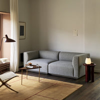 Gray upholstered sofa with smooth lines, accompanied by a light wood table and warm-toned rug in a modern interior.