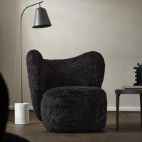 Plush black upholstered chair with a unique, curvy design, set against a neutral backdrop for modern aesthetics.