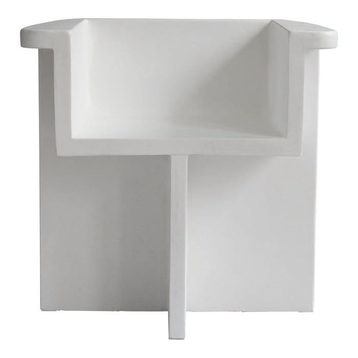 White minimalist chair with a sleek, geometric design and smooth matte finish, ideal for modern decor.