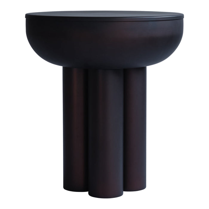 Black round side table with four cylindrical legs, featuring a minimalist design and smooth matte finish.