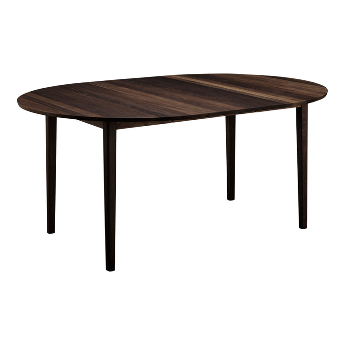 Oval dark wood dining table with subtle grain patterns, perfect for modern interiors. Rich brown finish enhances elegance.