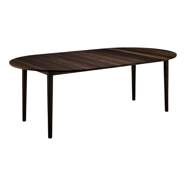 Dark wood oval table with a smooth finish and natural grain pattern, perfect for modern dining spaces.