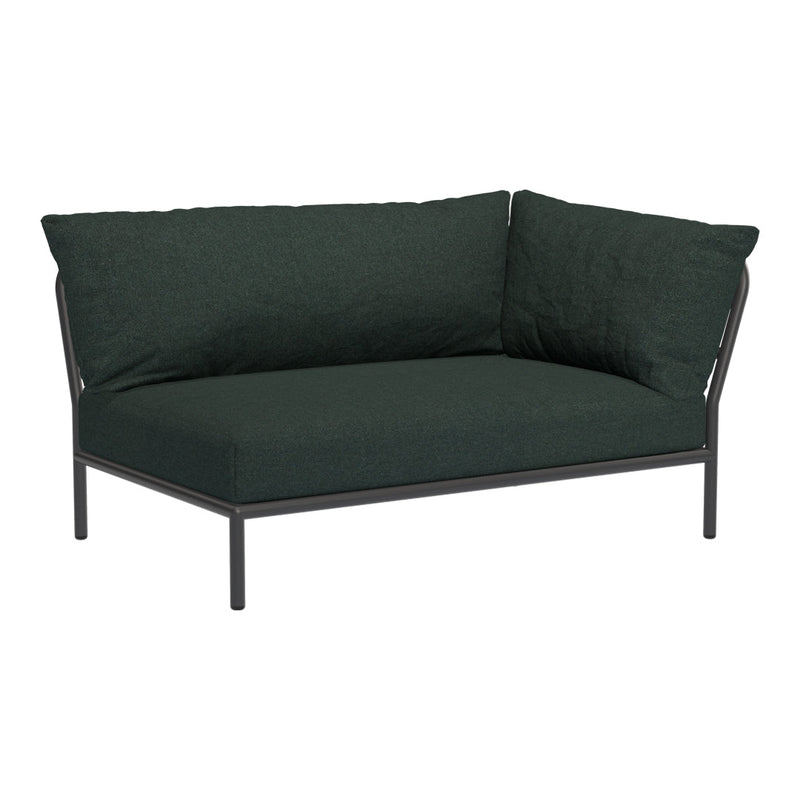 Dark green cushion sofa with a sleek black metal frame, featuring a simple modern design. Perfect for outdoor or indoor use.