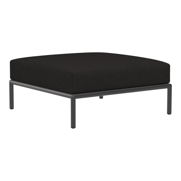 Black square ottoman with a smooth fabric cushion and sleek metal frame. Modern, minimalist design for any decor.