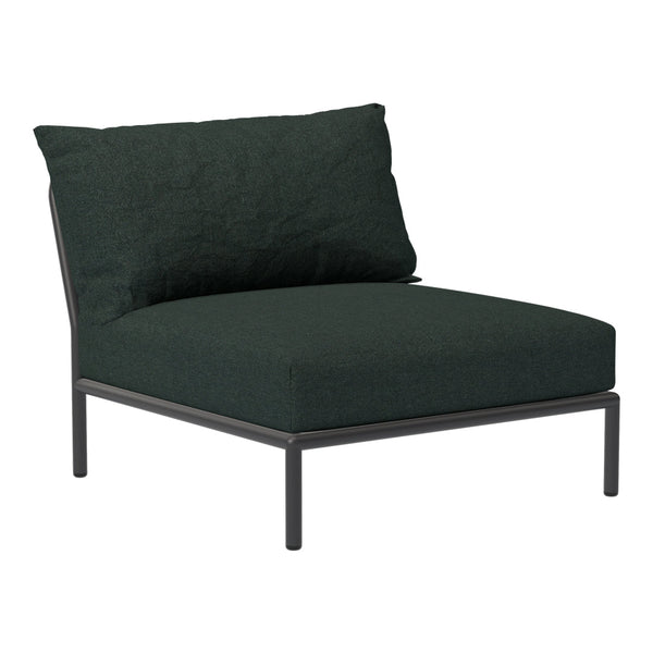 Deep green cushioned lounge chair with a textured fabric and sleek black metal frame. Perfect for modern decor.