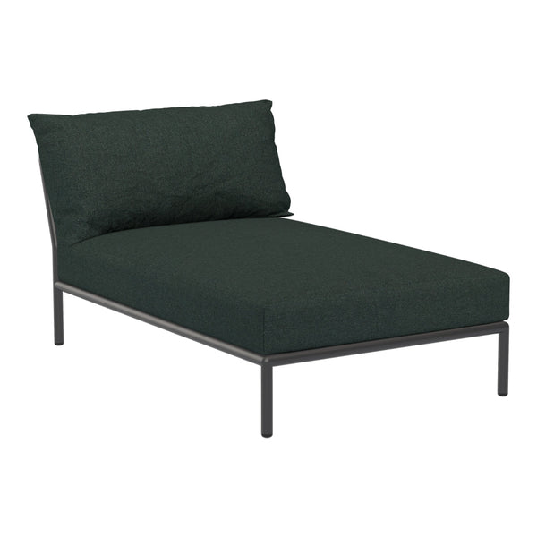 Dark green outdoor lounge chair with a smooth, textured cushion and sleek black metal frame.