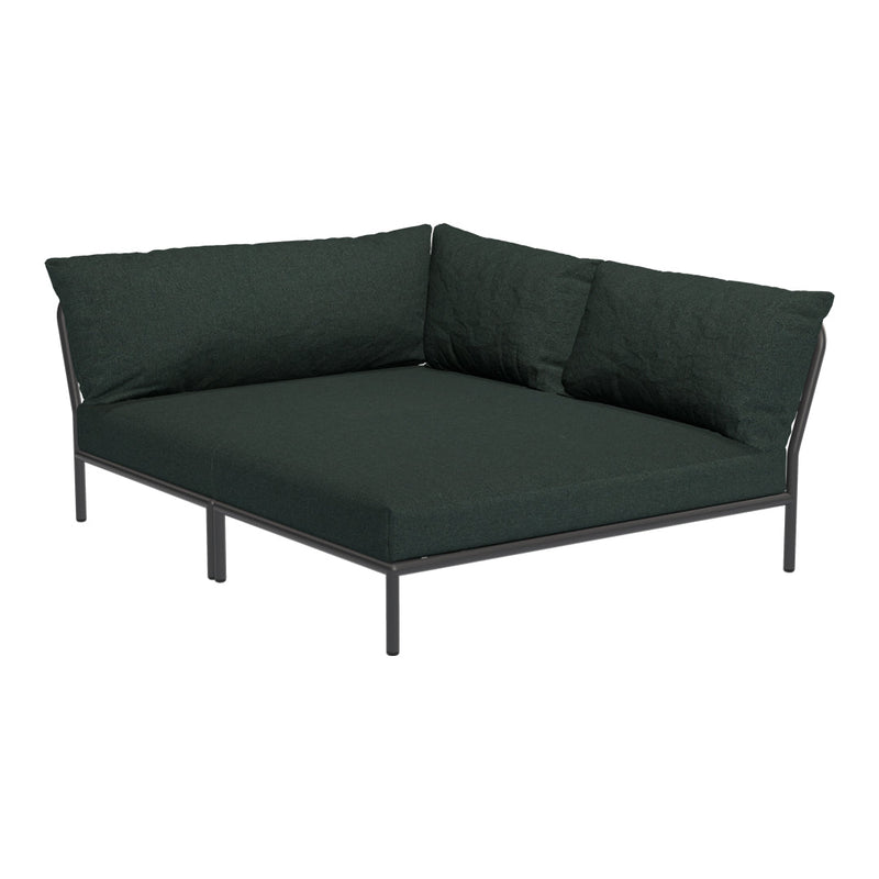 Dark green outdoor sectional sofa with plush cushions and a sleek black frame.