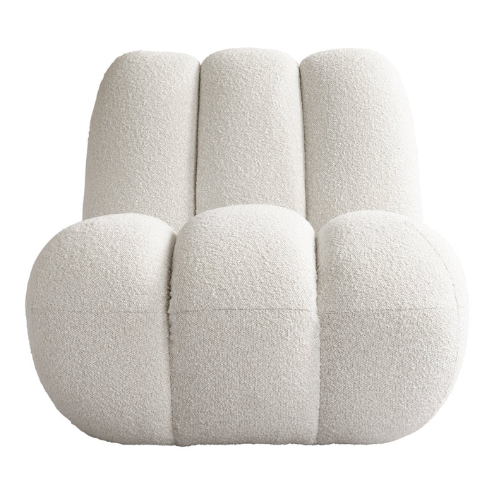 Cozy white boucle chair with plush, rounded shapes and a modern, sculptural design, perfect for any decor style.