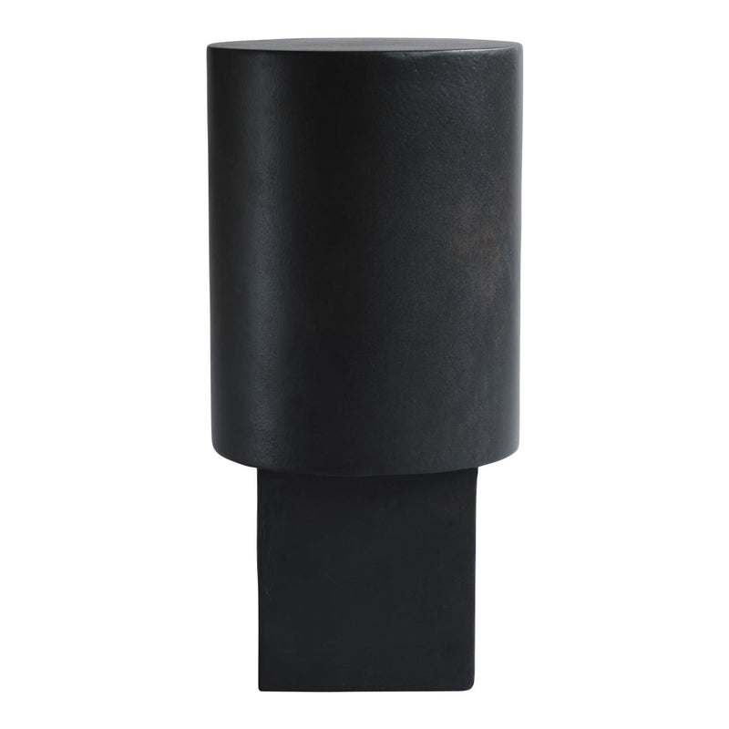 Sleek black cylindrical side table with a matte finish and geometric base design. Perfect for modern decor.