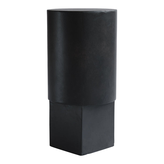Black geometric pedestal with smooth cylindrical and square shapes, designed for modern decor.