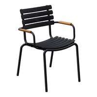 Black slatted chair with natural wood armrests, modern design suitable for indoor or outdoor use.