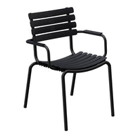 Sleek black metal chair with horizontal slatted design, modern and minimalist for outdoor or indoor use.