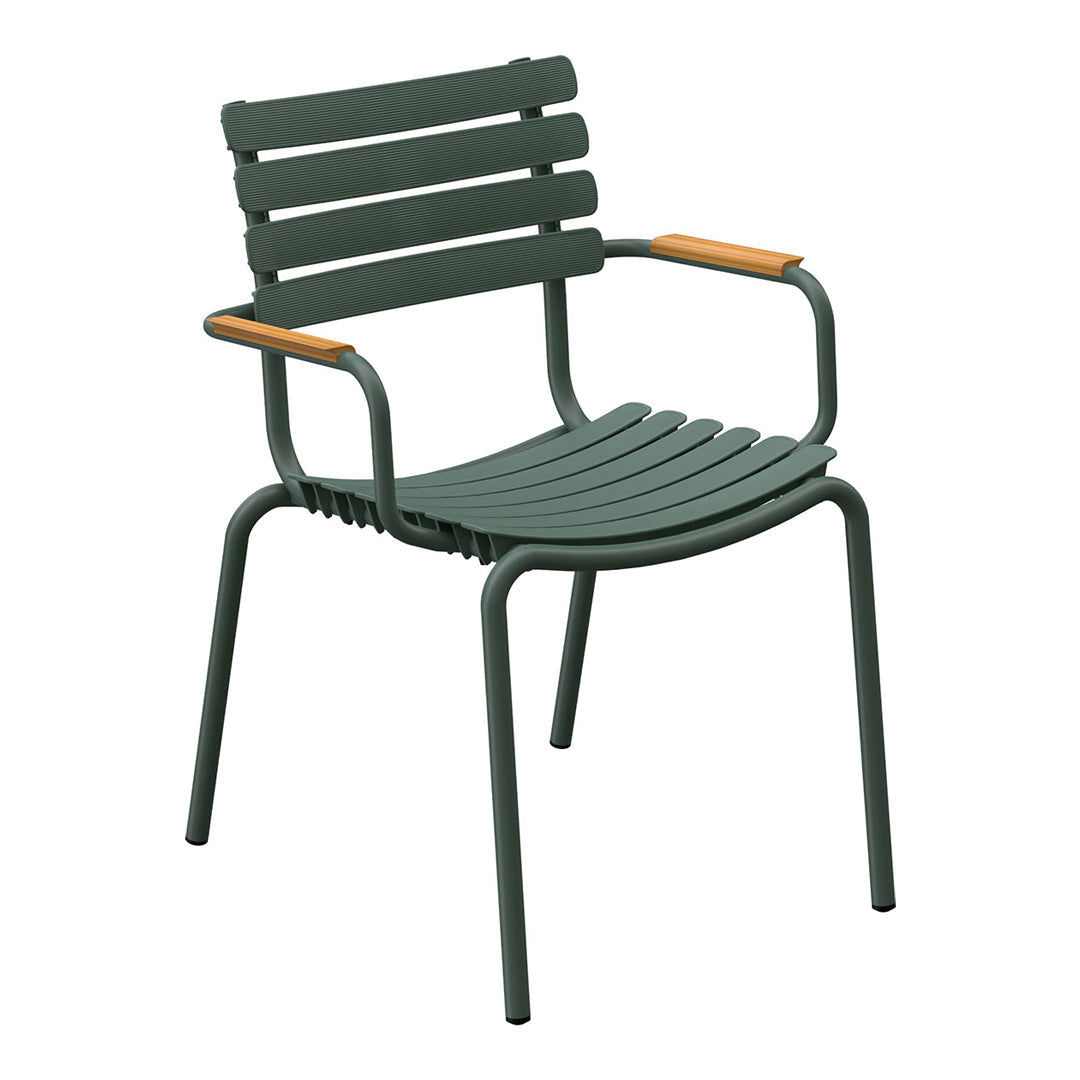 Green metal chair with slatted design and natural wood armrests, perfect for outdoor or modern decor.