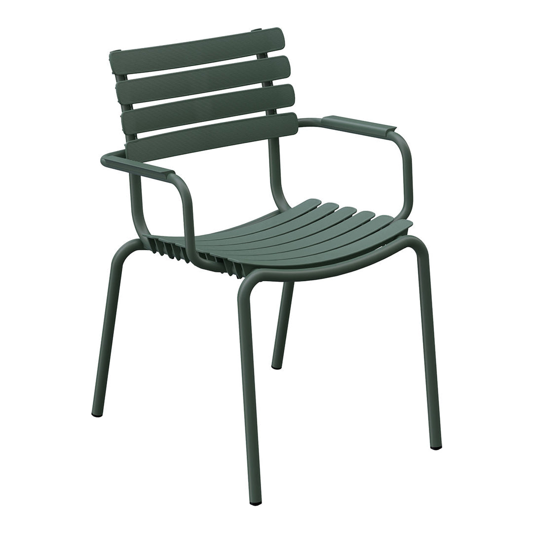 Green metal chair with slatted design and curved arms, perfect for outdoor or indoor seating.