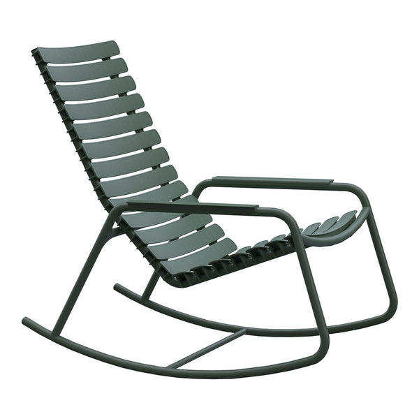 Modern green rocking chair with sleek, slatted design and minimalist style. Perfect for indoor or outdoor relaxation.