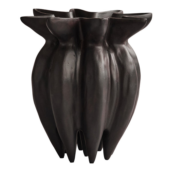 Black, sculptural vase with a fluted design and smooth finish, perfect for modern decor.