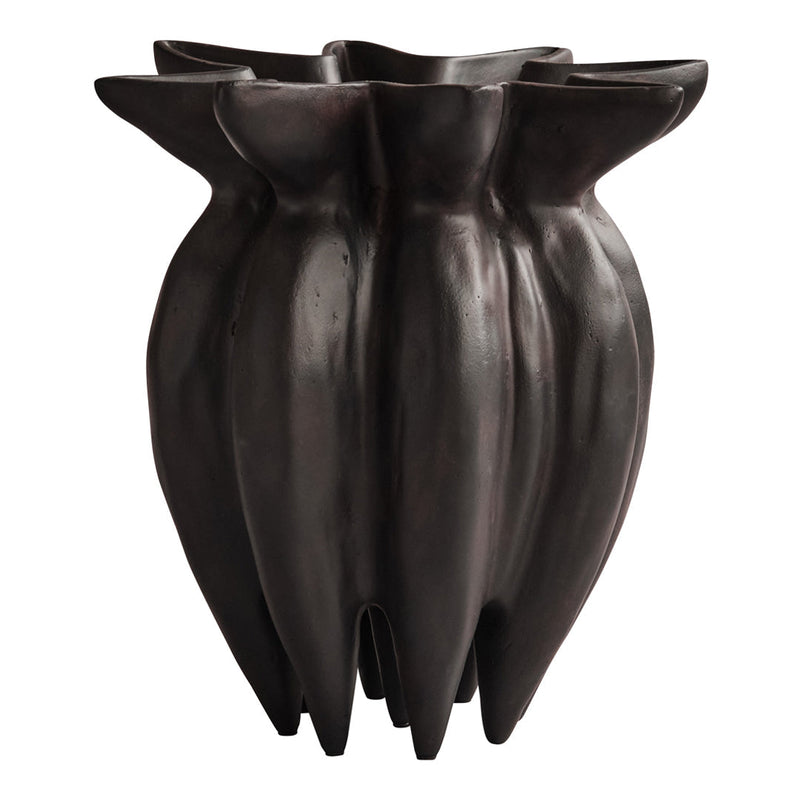 Black, sculptural vase with a fluted design and smooth finish, perfect for modern decor.