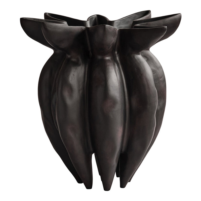 Black textured vase with a floral, sculptural design featuring smooth curves and intricate petal-like patterns.