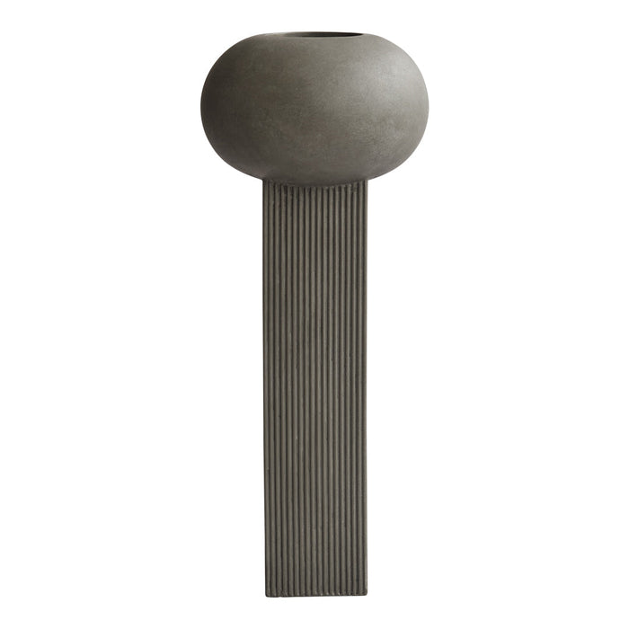 Gray abstract vase with a rounded top and ribbed vertical pattern, perfect for modern decor.