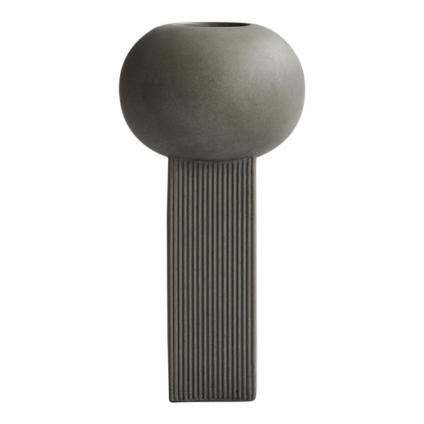 Gray ceramic vase with a round top and ribbed rectangular base for a modern decorative touch.